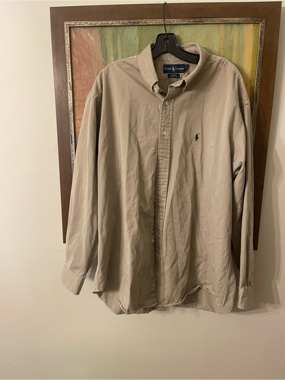 Ralph Lauren Men’s Button-Down Shirt in Khaki with Navy Polo Logo